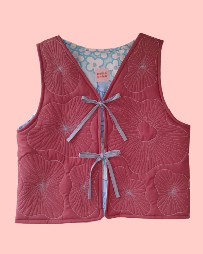 Quilted vest - burgundy & blue medusas - size M